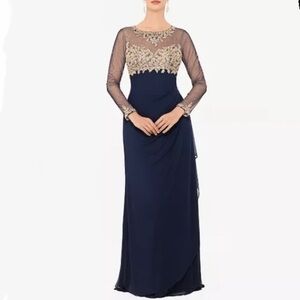 XSCAPE Embellished Sheer Long Sleeve Ruched Gown in Navy/gold